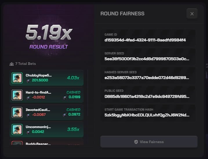 A gambling/crypto game interface showing a 'Round Result' of 5.19x with 7 total bets from users like ChubbyHope5, Hard-to-findA, DevotedCauli, and UncommonInj, alongside Round Fairness details including Game ID, Server Seed, and Public Seed.