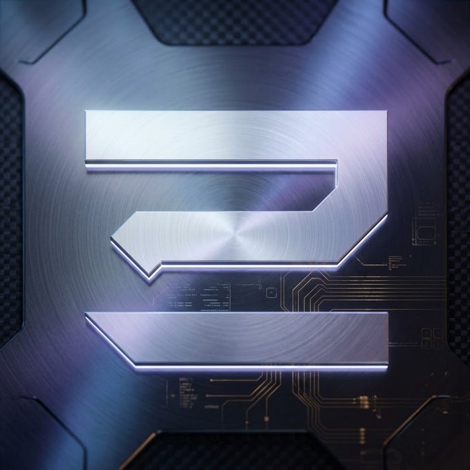 A futuristic metallic logo or emblem with geometric shapes is displayed against a dark blue circuit-board style background.