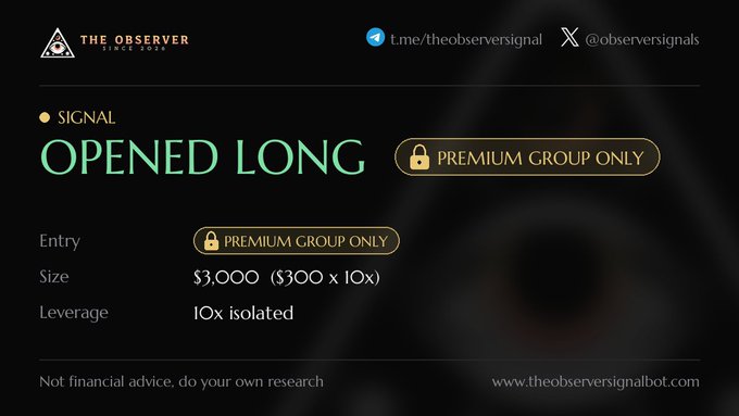 A trading signal notification from 'THE OBSERVER' showing 'OPENED LONG' as a premium group-only signal with $3,000 size at 10x isolated leverage.