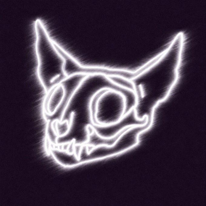 A glowing white neon line drawing of a stylized demonic or goblin-like skull with pointed ears and sharp teeth, outlined against a black background.