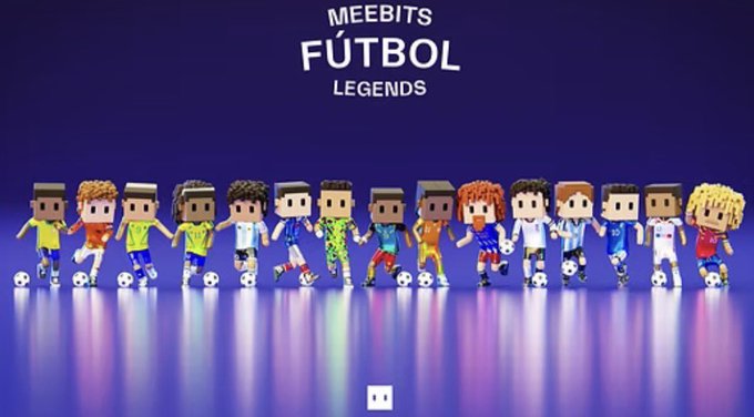 A promotional banner for 'MEEBITS FÚTBOL LEGENDS' displaying a lineup of pixel-art style soccer player characters in various colored jerseys standing in a row against a blue background.