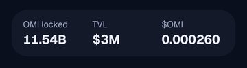 Crypto price display showing OMI locked at $0M, TVL at $3M, and $0.0000269.