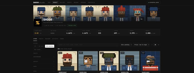 The image shows a Baddr Studios NFT marketplace page featuring pixel-art "Zaddr" character NFTs, displaying statistics like a floor price of 0.02 ETH, 8.62% change, and 4,4671 listed items, with individual listings such as "Zaddr Grant," "Zaddr Won," "Zaddr Fish," "Zaddr 69th," and "Zaddr Heat" shown below.

The page visualizes the post's narrative of Zaddr's volatile trading day, where the floor price dipped to 0.007U before recovering to 0.02U—matching the listings visible on the marketplace.