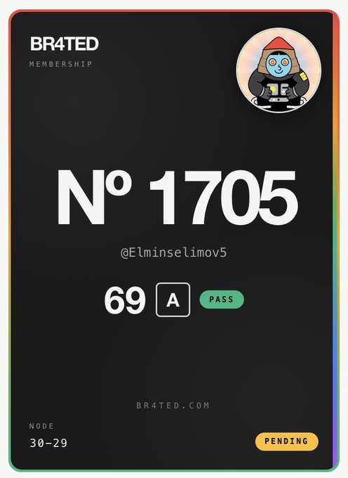 A digital membership card from BR4TED displays "N° 1705" for user @Elminselimov5 with a score of "69 A" and a green "PASS" status, while the post invites others to join the BR4TED community after the author successfully applied for membership.