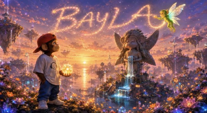 A fantasy digital artwork featuring a young boy in a red cap holding a glowing orb, a stone angel fountain, a fairy, and the name 'Bayla' written in sparkling light across a sunset sky with floating islands.
