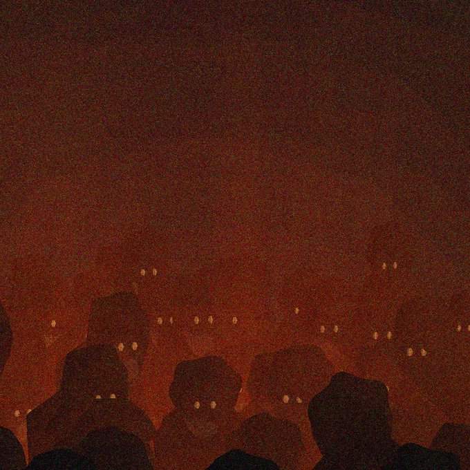 A dark, atmospheric illustration of silhouetted figures with glowing eyes against a deep red-brown, grainy background.