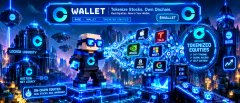 A promotional graphic for a 'WALLET' application showing a ninja-like character, security features, and what appears to be digital currency or collectible interfaces.