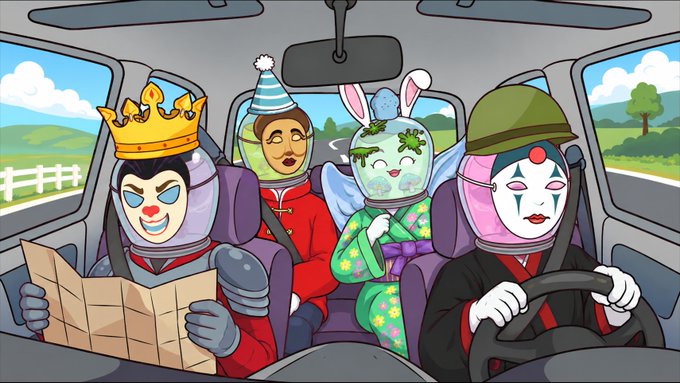 Four anthropomorphic token mascots wearing crowns, party hats, bunny ears, and a kabuki-style mask are buckled into a car for a road trip, with one reading a map while another steers—playfully illustrating the Hoodlers NFT project's promotional call for community members to join their post-mint adventure.