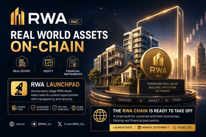 A promotional graphic for 'RWA INC.' titled 'REAL WORLD ASSETS ON-CHAIN' showcases real estate, equity, and financial instruments, with details about the 'RWA LAUNCHPAD' and a launch date of 'MONDAY, SEPTEMBER 7 | 15:00 CET'.