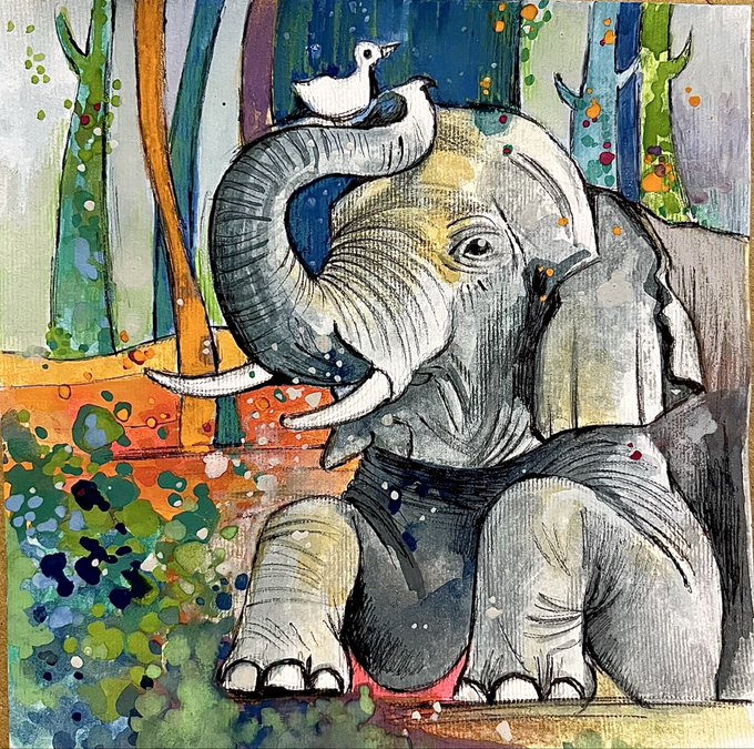 A whimsical watercolor painting of a gray elephant with a small white bird perched on its curled trunk, set against a vibrant, splatter-filled background of green, blue, and orange hues. The serene, tucked-in elephant evokes a sense of "good night" calm, visually reinforcing the post's theme of finding peace and simplicity in a privacy-focused browser that "stays out of the way."