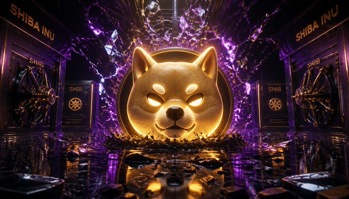 A dramatic digital artwork featuring a golden Shiba Inu emblem with glowing eyes set against purple and gold backgrounds, with 'SHIBA INU' text visible.
