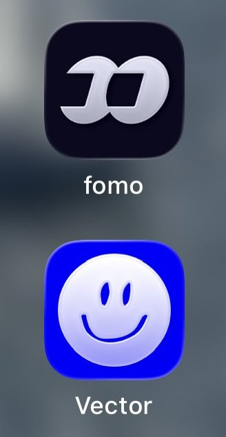 Two app icons are displayed on a home screen: a dark icon labeled "fomo" with a stylized "D" logo, and a blue icon labeled "Vector" featuring a white smiley face. The image relates to the post by visually showcasing the two crypto/Web3 apps being compared—Fomo, praised for its "Web3 version of Dianping" positioning, and Vector, which was acquired by Base and subsequently shut down.