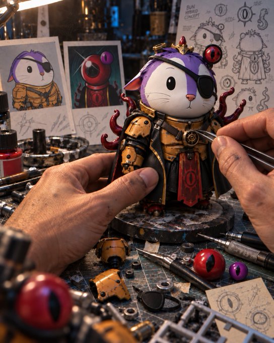 A person's hands work on a custom purple and white cat figurine dressed as a Warhammer 40K character with an eyepatch and golden armor, surrounded by tools and concept sketches including 'RUN HYBRID CONCEPT.'