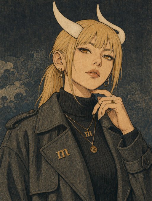 An illustration of a blonde anime-style woman with white horns, golden eyes, and gold Scorpio zodiac pendant necklaces wears a black leather jacket over a dark turtleneck.