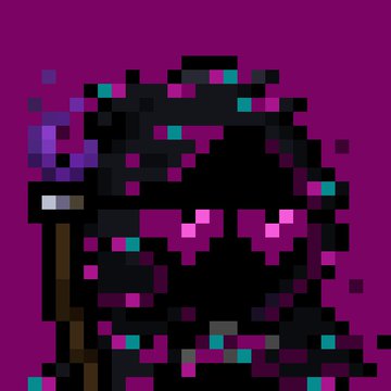 A pixel art character wearing a pointed purple hat holds a staff and has glowing pink eyes against a magenta background.