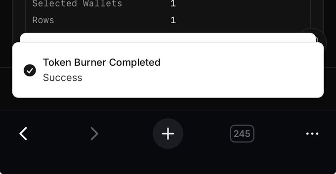 A notification confirms "Token Burner Completed - Success" after burning unwanted tokens from a wallet containing 1 row. This relates to the post showing the ongoing process of burning leftover "toads" tokens, which has reduced the supply from 1 billion to 941M.