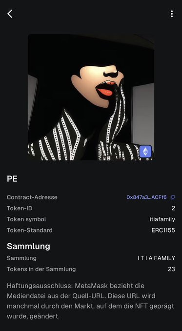 A screenshot of an OpenSea NFT listing page displays "PE" with Contract-Adresse 0x847a3...ACf16, Token-ID 2, Token symbol "itiafamily," and Token-Standard ERC1155, under the Sammlung "I T I A FAMILY" containing 23 tokens, featuring a stylized 3D-rendered portrait of a figure with bold makeup and a black-and-white striped hooded garment.