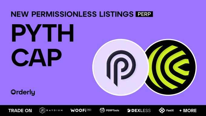 The image is a promotional graphic announcing new permissionless perpetual futures listings on Orderly, featuring the $PYTH (Pyth Network) and $CAP (CapApp) tokens with their respective logos. The banner highlights that these markets can be traded with leverage across multiple platforms including Raydium, WOOFi, PERPTools, DexLess, and FastX.