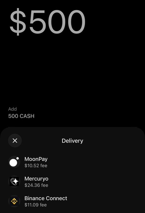 A dark mobile app screen showing a $500 cash deposit option with payment method choices: MoonPay ($10.52 fee), Mercuryo ($24.36 fee), and Binance Connect ($11.09 fee).