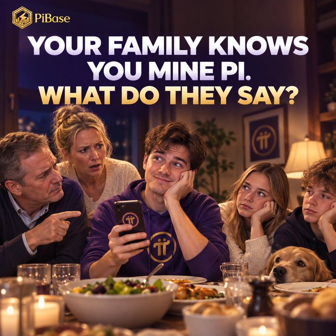 A family gathered at a dinner table stares curiously at a young man holding a phone displaying the Pi Network logo, as the text reads "YOUR FAMILY KNOWS YOU MINE PI. WHAT DO THEY SAY?"—perfectly setting up the relatable multiple-choice poll about Pi mining enthusiasts' family reactions.