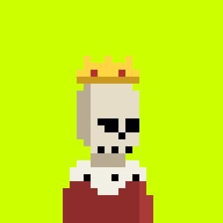 A pixel art illustration of a skeleton wearing a gold crown and a red robe against a bright green background.