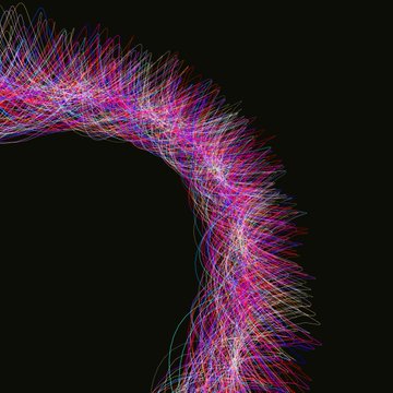 An abstract digital artwork featuring a swirling arc of vibrant, multicolored thin lines (pink, blue, yellow, and red) curving against a black background.