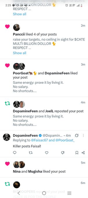 A screenshot of Instagram notifications showing likes and reposts from users like Panccii, PoorGoat, DopamineFeen, JoeIL, and others on posts about raising targets and quotes about energy and salary.