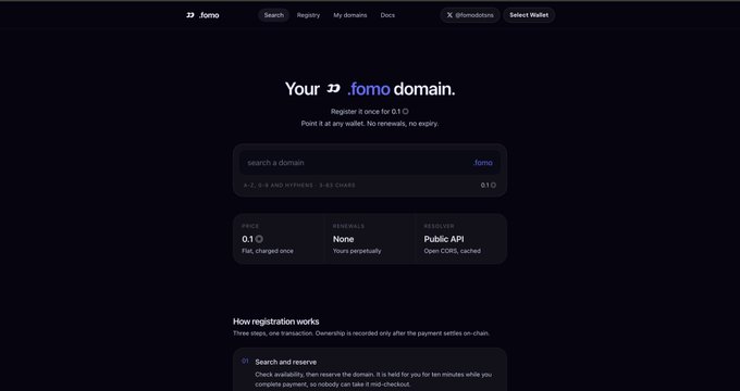 The homepage of the 'Jomo' domain registration service, offering '.fomo' domains with details like 'PRICE 01 ☾ Flat, charged once' and steps on how registration works.