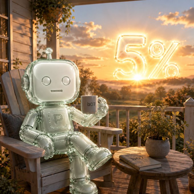 A transparent glass robot relaxes on a porch chair at sunset, sipping from a mug labeled "b07" while a glowing "5%" hovers in the golden sky—celebrating the Pons bot reaching a 5% token burn milestone, matching the "P" emblem on its chest.