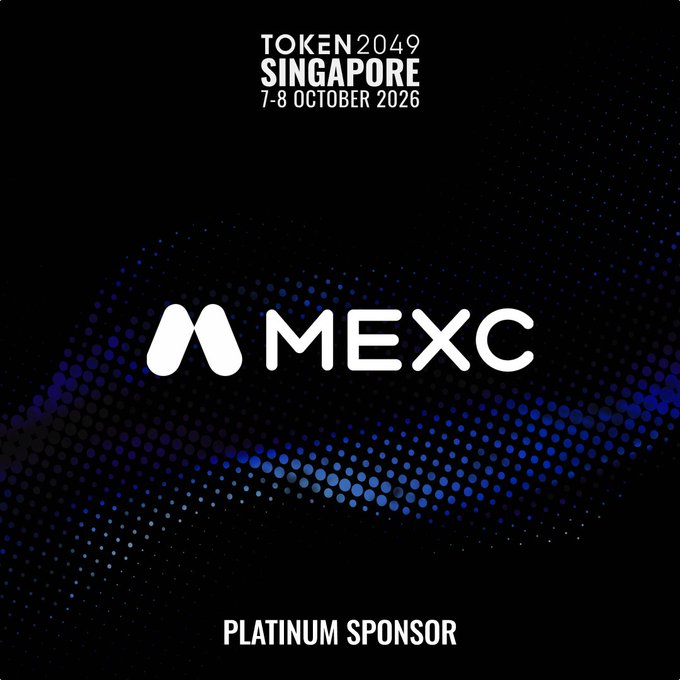Promotional graphic for MEXC's Platinum Sponsorship of TOKEN2049 Singapore on 7–8 October 2026, featuring the MEXC logo against a blue dotted background on a black canvas, aligning with the post's announcement of MEXC as a Platinum Sponsor at the crypto conference.