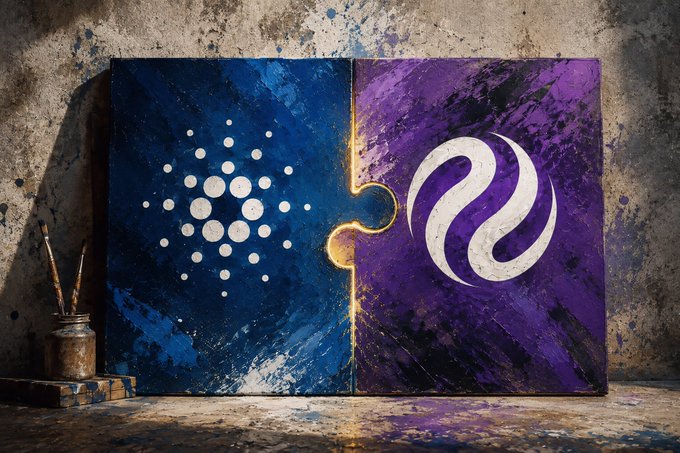 An artistic diptych painting shows a blue panel with a white dot pattern and a purple panel with a white swirl logo, separated by interlocking puzzle-piece edges, displayed on a weathered concrete surface next to paintbrushes.