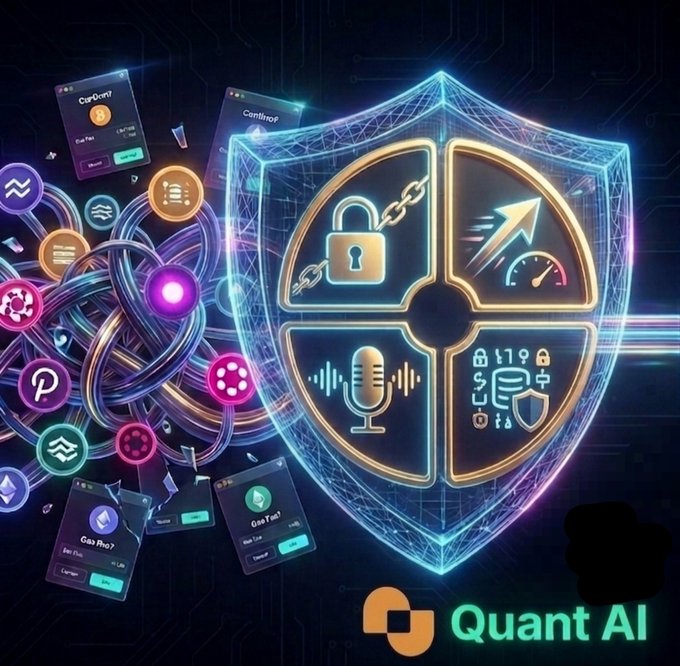 Promotional graphic for Quant AI featuring a glowing blue shield divided into four sections containing icons for security, speed, microphone, and data, surrounded by cryptocurrency logos including Cardano and Zcash.