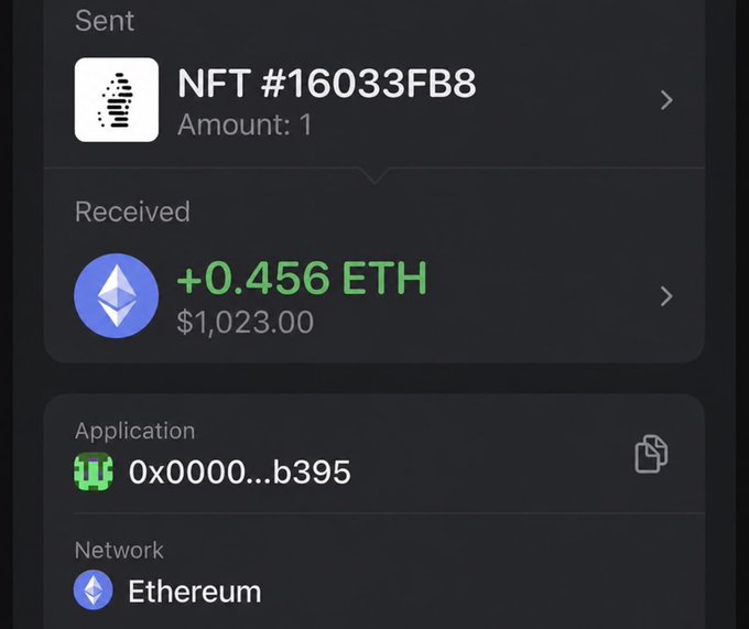 The image shows a cryptocurrency wallet transaction history displaying a sent NFT (#16033FB8, amount: 1) and a received payment of +0.456 ETH ($1,023.00) on the Ethereum network from application 0x0000...b395. The image appears to serve as evidence of NFT trading profits to support the post's claim about earning $6k-$10k monthly through NFT trading and minting opportunities.