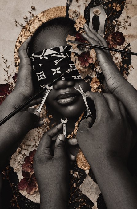 A surreal black-and-white artistic photograph featuring a person with a patterned blindfold while multiple hands use scissors and a paintbrush near their face, surrounded by dried flowers and earthy textures.