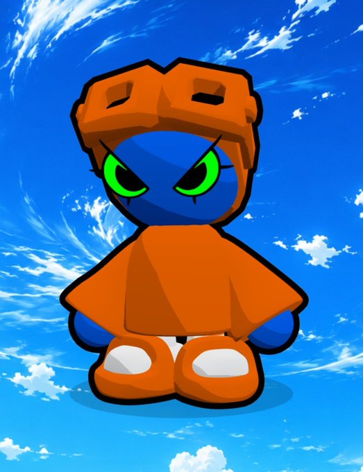 A cartoon-style orange character with a blue face and large green eyes floats against a backdrop of a bright blue sky with wispy clouds.