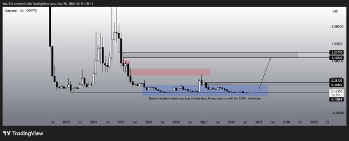 A TradingView weekly chart for the Algo (ALGO) crypto pair, showing price consolidating near $0.10–$0.11 between 2022 and 2025, with a note indicating a buy zone to hold for 100x minimum returns and a projected arrow toward $1.25–$1.50 by 2027.