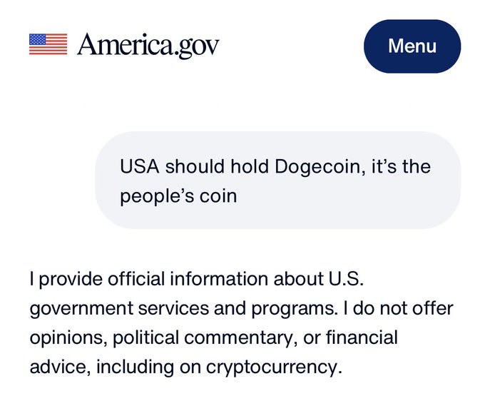 A screenshot of the America.gov website shows a chatbot bubble asking "USA should hold Dogecoin, it's the people's coin," with the response stating it only provides official government information and does not offer financial advice on cryptocurrency.