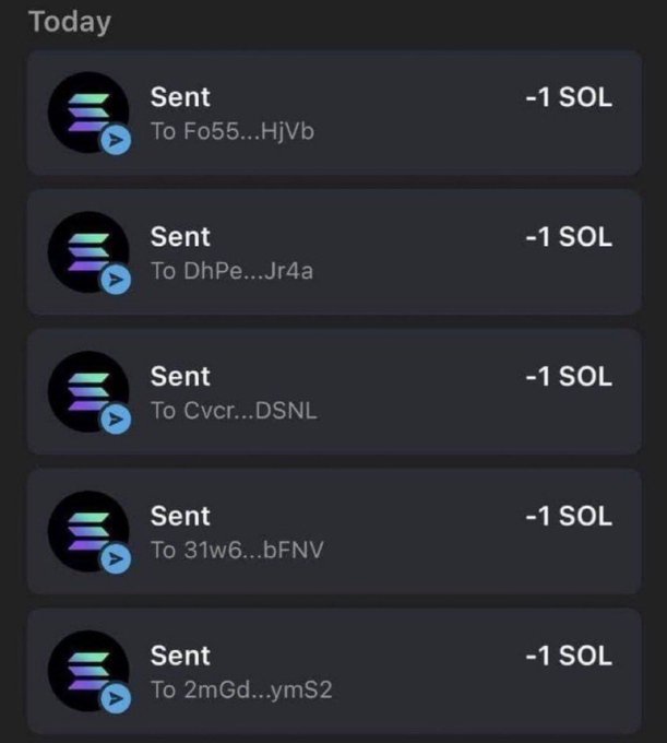 The image displays a crypto wallet activity log showing five recent transactions, each sending 1 SOL to different shortened addresses (Fo55...HjVb, DhPe...Jr4a, Cvcr...DSNL, 31w6...bFNV, and 2mGd...ymsS2) within the same timeframe. This illustrates the giveaway in action, showing the sender distributing 1 SOL to five separate participants, likely as part of the $78 SOL prize promotion being run on social media.