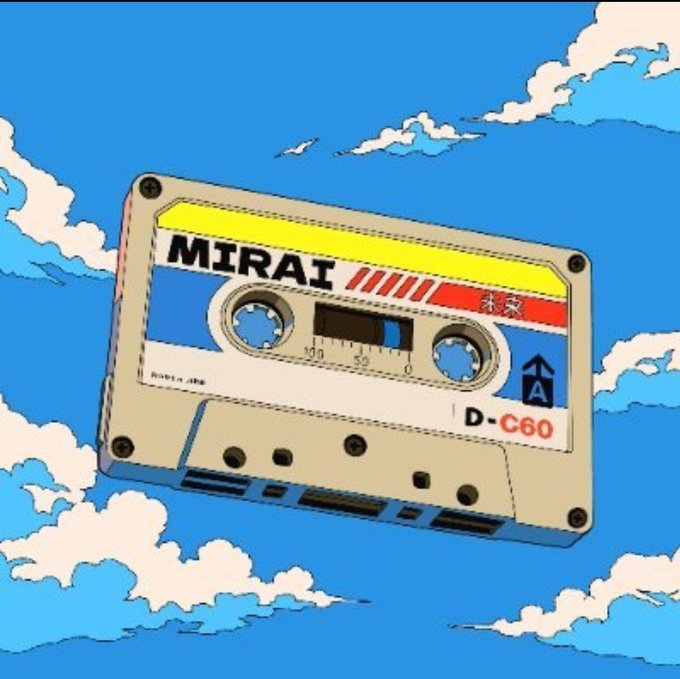 A retro-style illustration features a vintage cassette tape labeled "MIRAI" with Japanese characters and "D-C60" set against a blue sky with clouds, likely serving as promotional artwork for the Mirai Gtds NFT giveaway offering 5 guaranteed spots with a supply of 777 on Ethereum.
