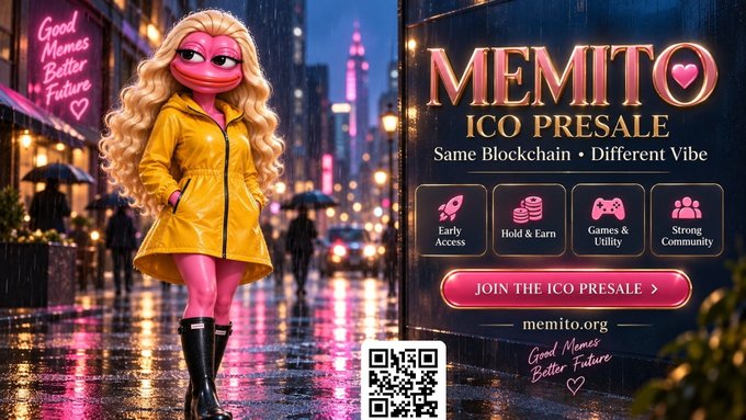 A promotional banner for 'MEMITO ICO PRESALE' on the 'Same Blockchain - Different Vibe', featuring a pink character in a yellow coat in a neon city, with highlights for Early Access, Hold & Earn, Games & Utility, and Strong Community.