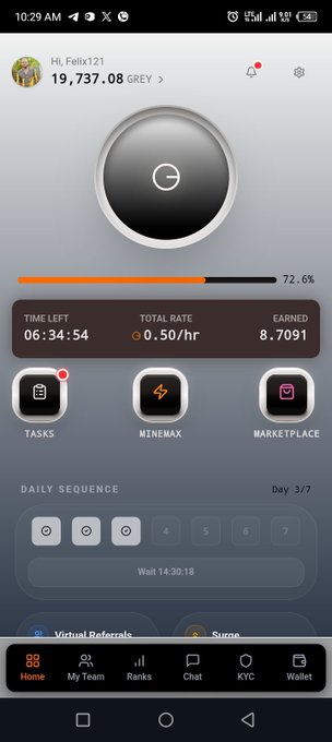 The image shows a mining app dashboard for user "Felix121" displaying a balance of 19,737.08 GREY tokens, with 72.6% progress on the current mining session and an earning rate of 0.50/hr, totaling 8.7091 GREY earned. The screenshot corresponds to the MineGrey mining platform referenced in the post, demonstrating the active mining process for the Grey Network blockchain ecosystem.