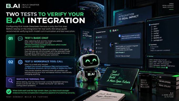 An infographic titled 'TWO TESTS TO VERIFY YOUR B.AI INTEGRATION' showing a small robot character alongside UI elements and code snippets related to DeepSeek Harness and B.AI model testing.