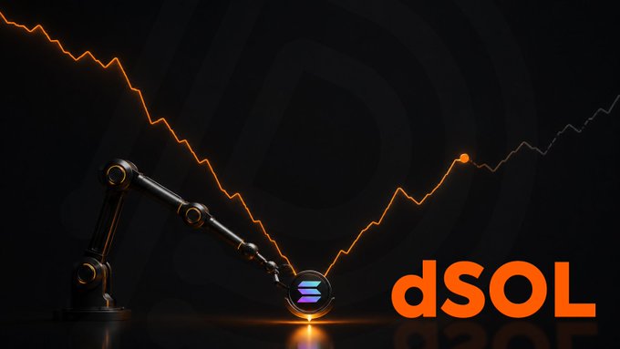 A dark promotional graphic featuring a robotic arm drawing a line graph, with the Solana logo and 'dSOL' text in orange.