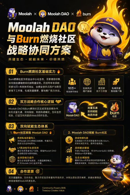 Promotional infographic titled 'Moolah DAO 与 Burn 燃烧社区战略协同方案' detailing a strategic partnership between Moolah, Moolah DAO, and Burn community, featuring a panda mascot and outlining four key collaborative sections in Chinese.