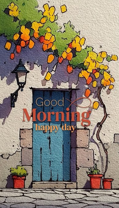 A watercolor-style 'Good Morning, happy day' greeting card illustration showing a blue door, a wall lamp, potted plants, and a tree with yellow-green leaves.