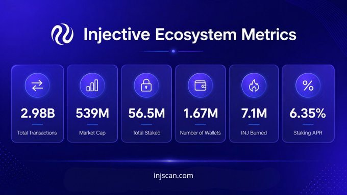 An 'Injective Ecosystem Metrics' dashboard displays statistics including 2.98B Total Transactions, 539M Market Cap, 56.5M Total Staked, 1.67M Number of Wallets, 7.1M INJ Burned, and 6.35% Staking APR, with the website injscan.com.