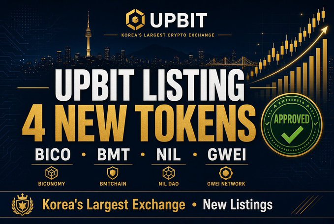 The image is a promotional graphic from Upbit, Korea's largest crypto exchange, announcing the listing of four new tokens—BICO (Biconomy), BMT (BMТchain), NIL (Nil DAO), and GWEI (Gwei Network)—each marked with an "APPROVED" stamp alongside a rising chart illustration and a Korean skyline backdrop. The graphic reinforces the post's announcement by visually highlighting Upbit's green light for these new BTC/USDT trading pairs.