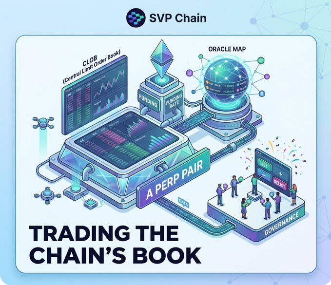 A promotional graphic for 'SVP Chain' titled 'TRADING THE CHAIN'S BOOK,' featuring isometric illustrations of a CLOB (Central Limit Order Book), Oracle Map, and governance systems with an 'A PERP PAIR' label.