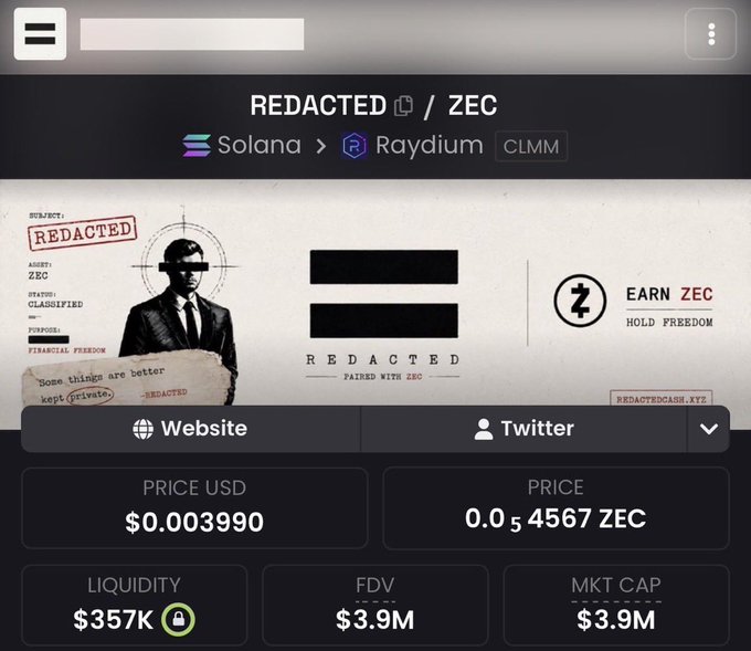 A mobile webpage for a cryptocurrency token named 'REDACTED / ZEC' on the Solana network via Raydium, displaying a price of '$0.003990' and '0.0₅4567 ZEC' alongside a graphic of a man in a suit with a redacted face.