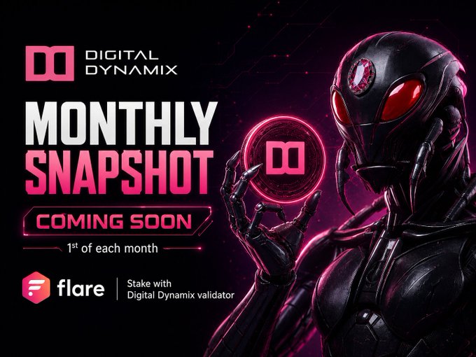 A promotional graphic for Digital Dynamix announces a 'MONTHLY SNAPSHOT' coming soon on the 1st of each month, featuring a futuristic armored figure holding a glowing pink coin, with a Flare logo indicating staking with a Digital Dynamix validator.